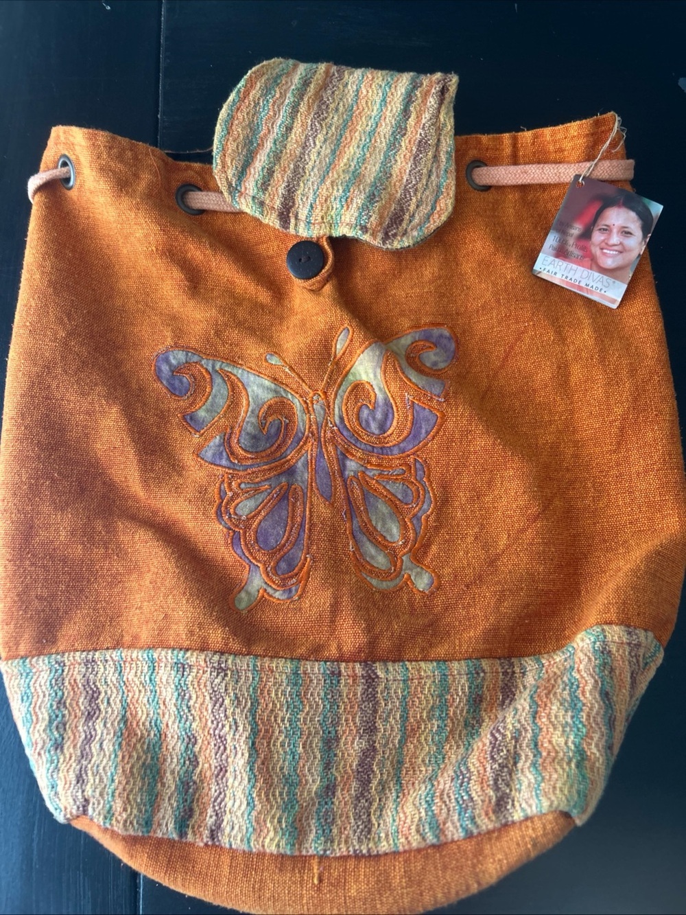 Earth Divas Fair Trade Cotton Drawstring Backpack • Handmade Boho Bag New -Nepal
